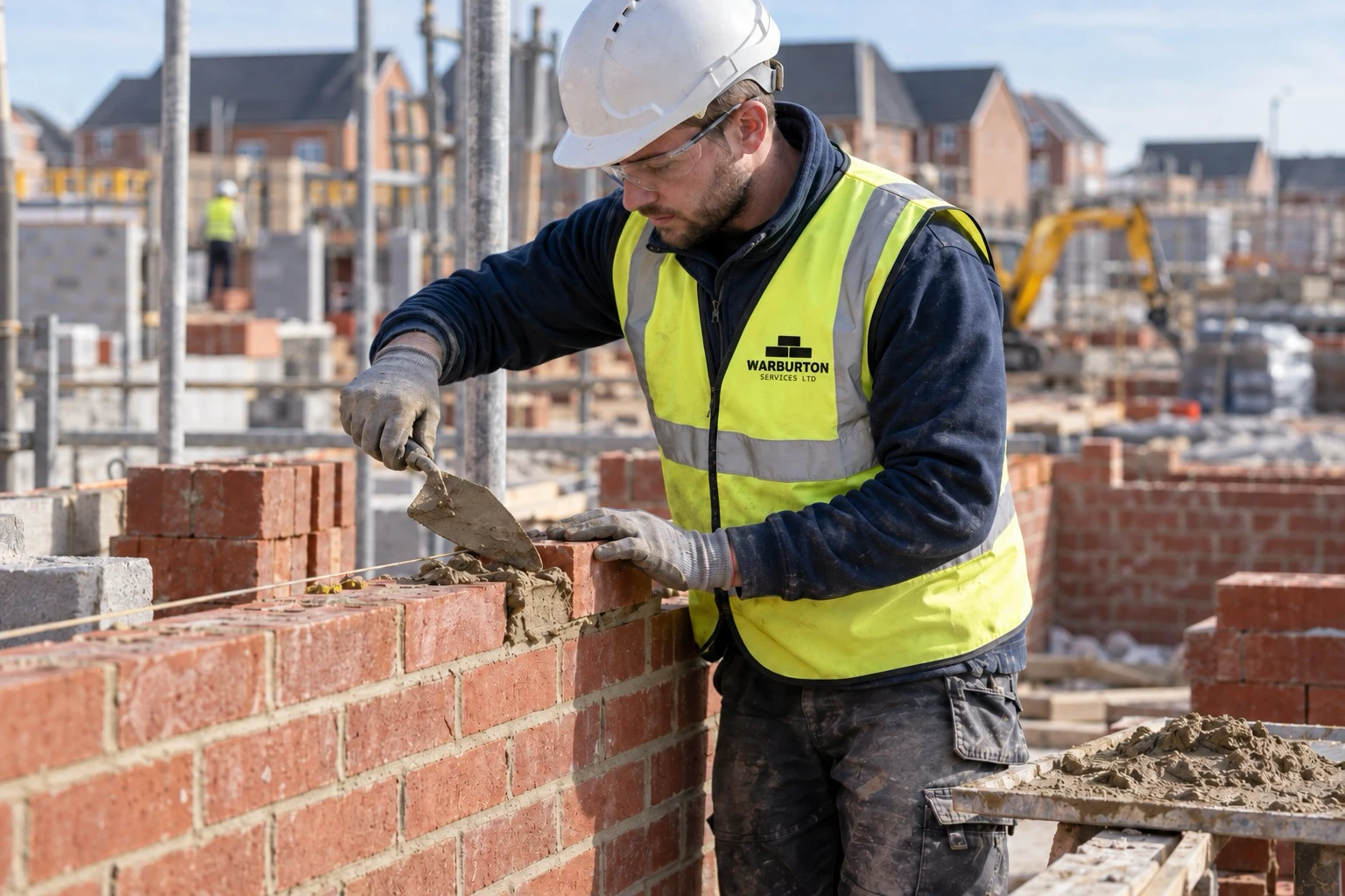 Warburton Services bricklayer laying a brick wall on a live housing development
